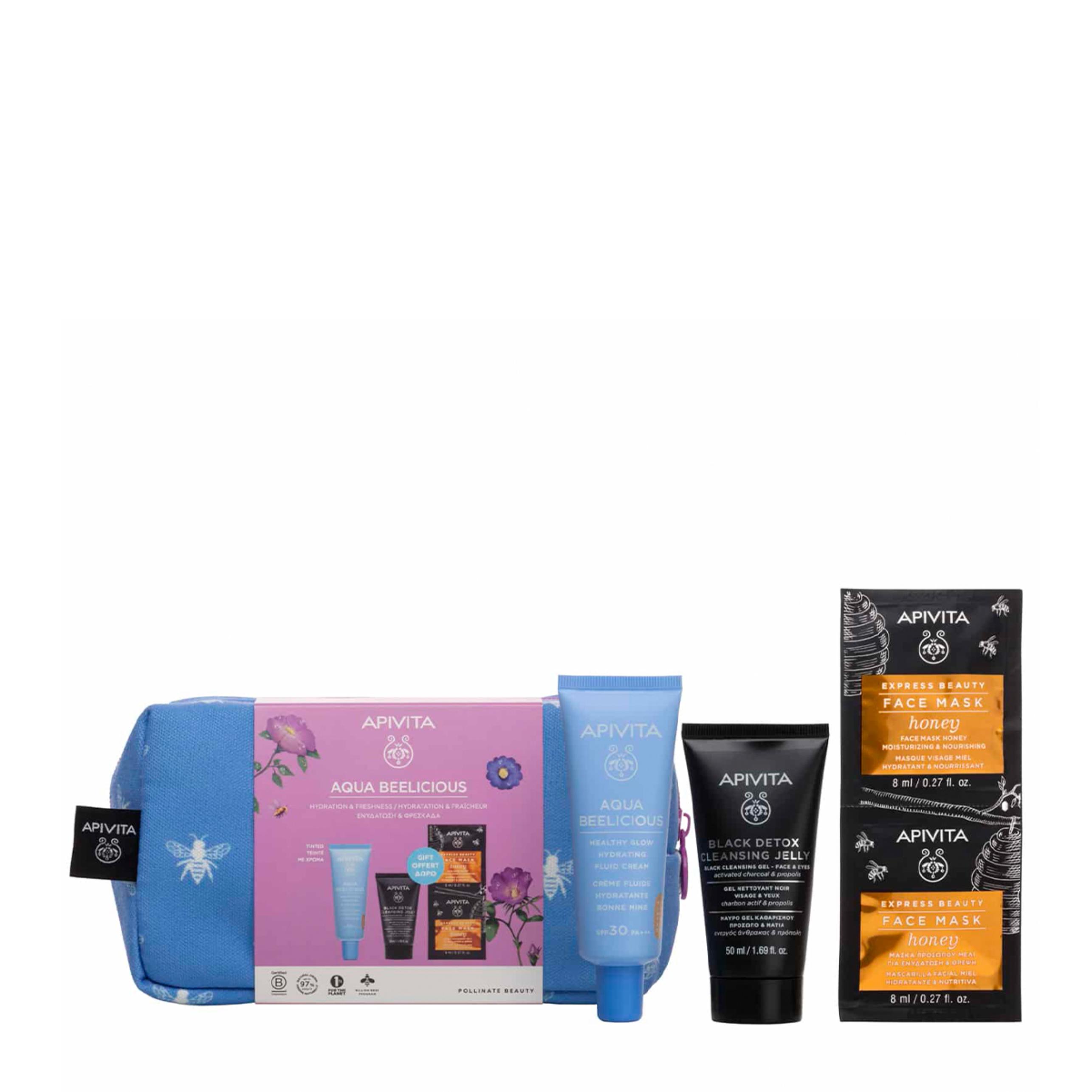 Apivita Set Aqua Beelicious Λεπτόρρευστη κρέμα Ενυδάτωσης SPF30 Tinted 40ml + Δώρο Μαύρο Gel Καθαρισμού για Πρόσωπο και Μάτια 50ml + Μάσκα Προσώπου με Μέλι για Ενυδάτωση & Θρέψη 2x