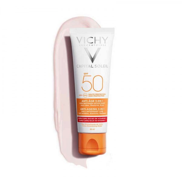 Vichy Capital Soleil Anti-Ageing 3 in 1 SPF50 Αντηλιακή Κρέμα Προσώπου με Αντιγηραντική Δράση, 50ml & Νεσεσέρ Μεταφοράς